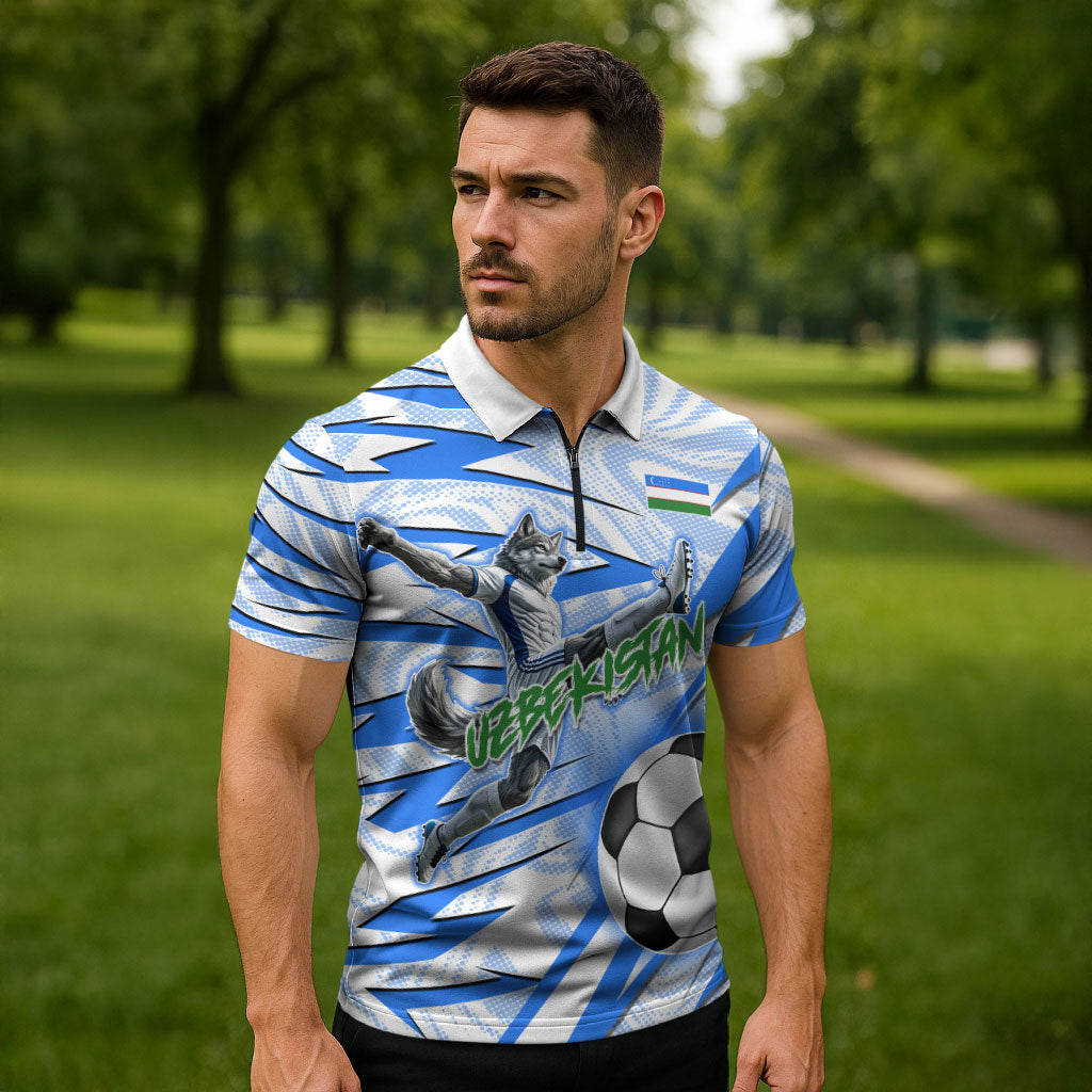 Personalized Uzbekistan Soccer Zipper Polo Shirt White Wolves Football Halftone Pattern