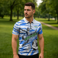 Personalized Uzbekistan Soccer Zipper Polo Shirt White Wolves Football Halftone Pattern