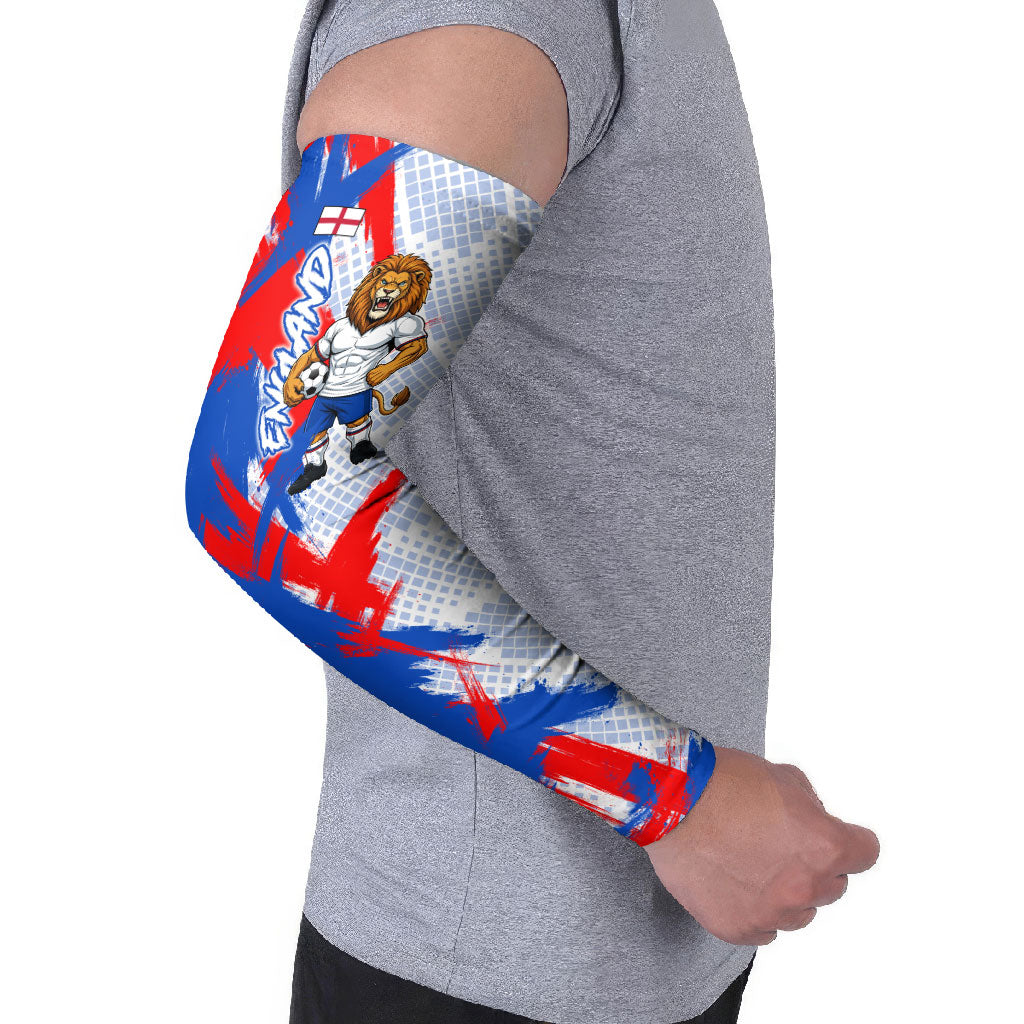 Personalized England Football Arm Sleeves Fierce Lion Mascot Abstract Brush Stroke