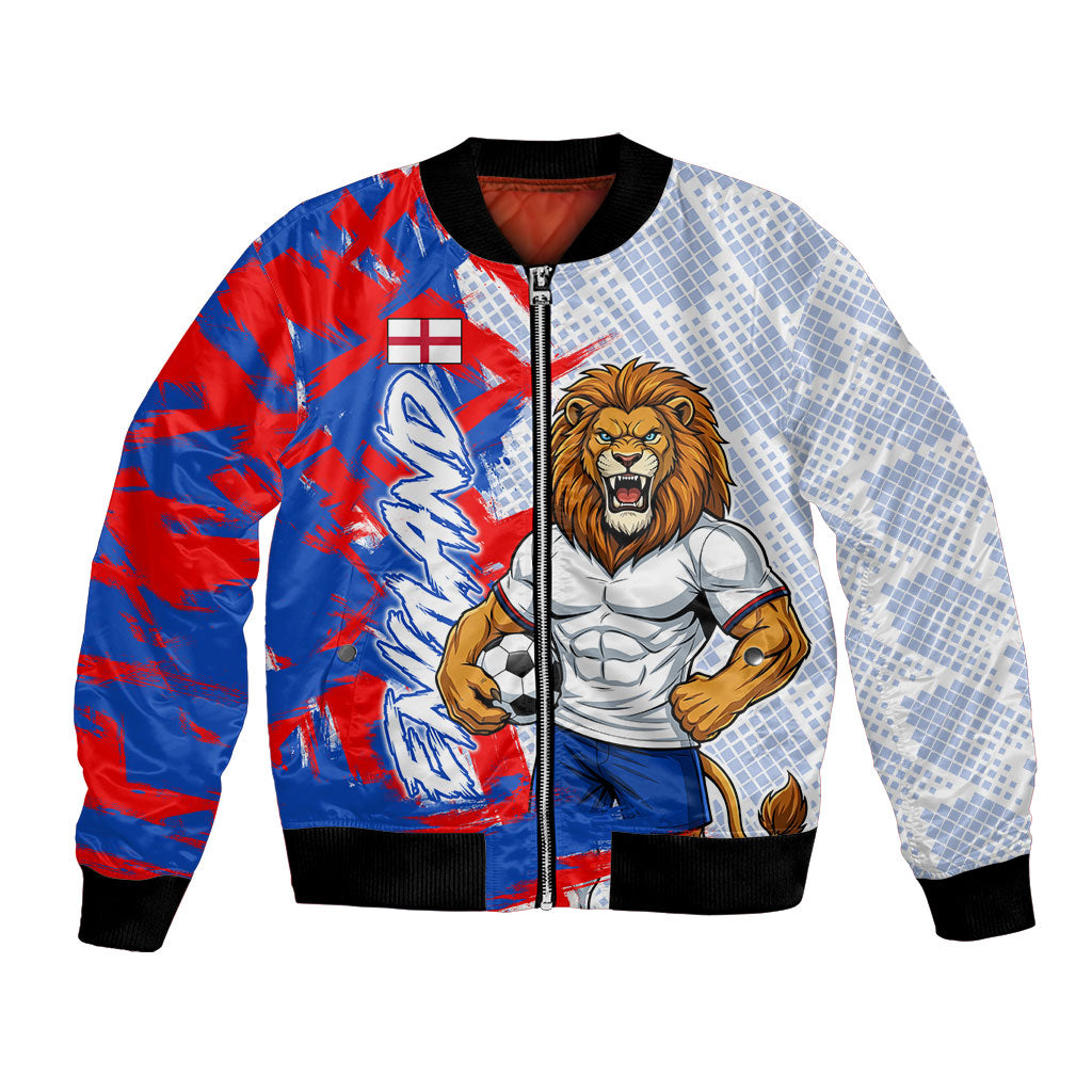 Personalized England Football Bomber Jacket Fierce Lion Mascot Abstract Brush Stroke
