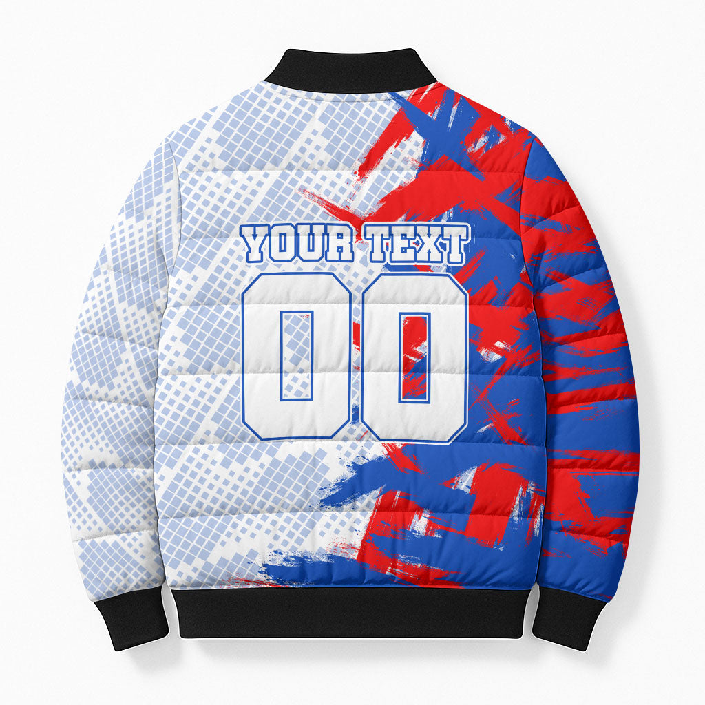 Personalized England Football Bomber Puffer Jacket Fierce Lion Mascot Abstract Brush Stroke