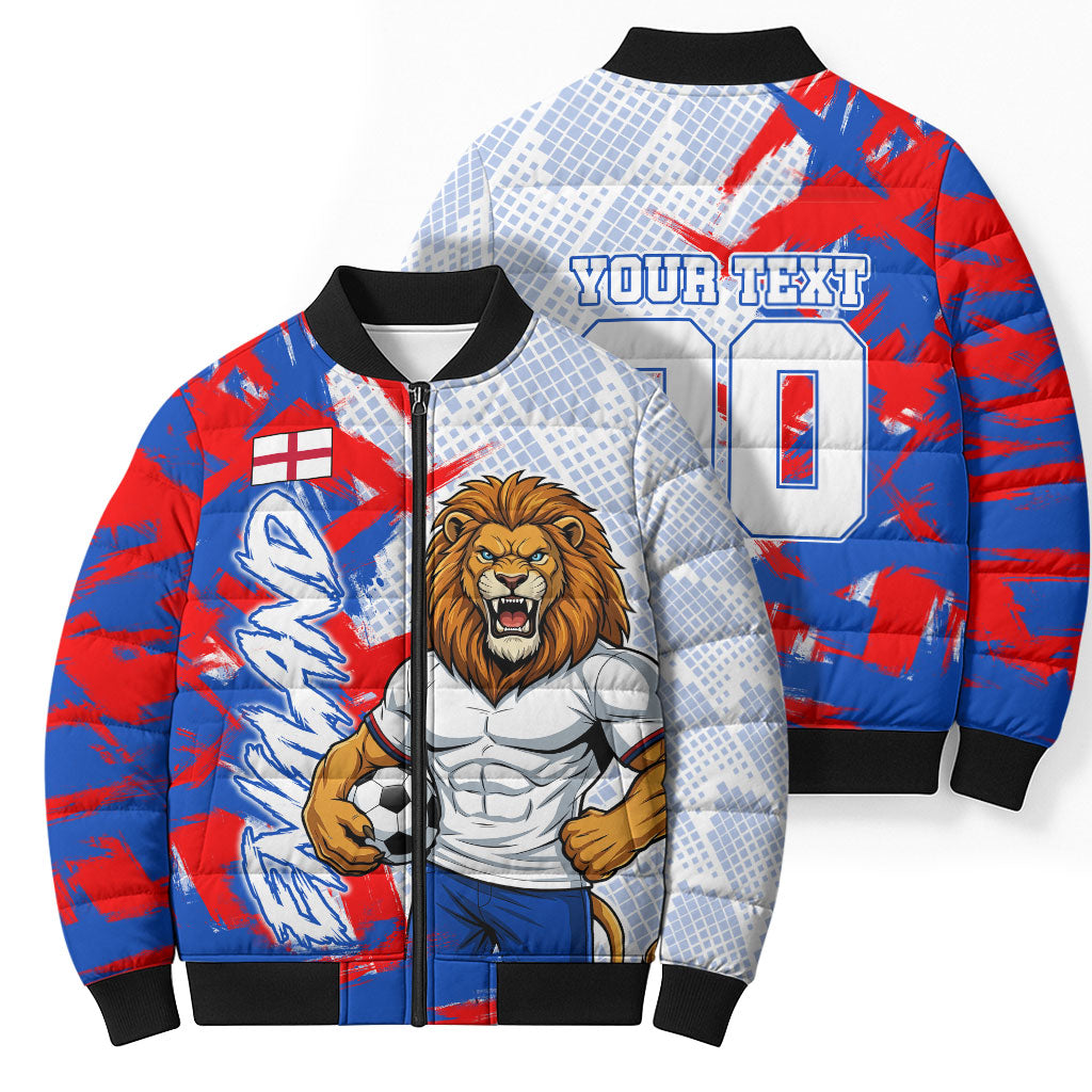 Personalized England Football Bomber Puffer Jacket Fierce Lion Mascot Abstract Brush Stroke