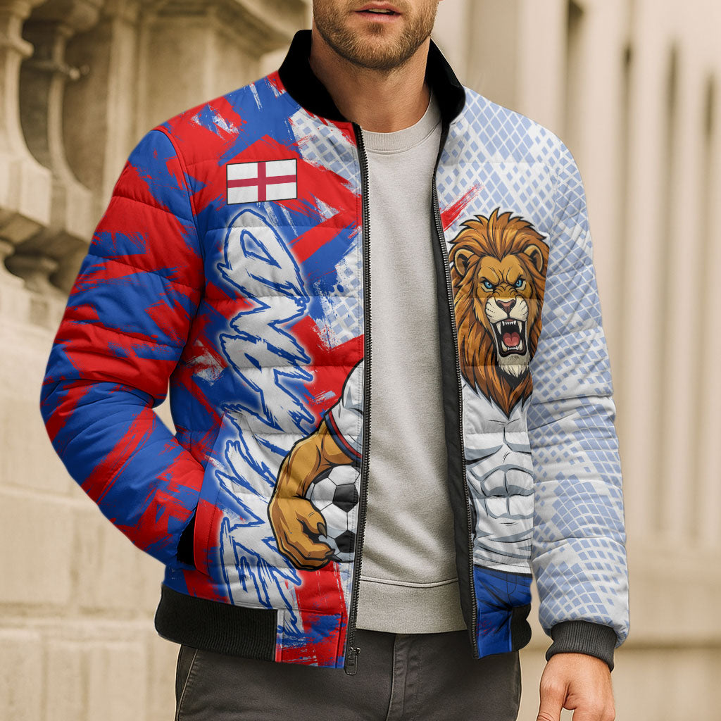 Personalized England Football Bomber Puffer Jacket Fierce Lion Mascot Abstract Brush Stroke