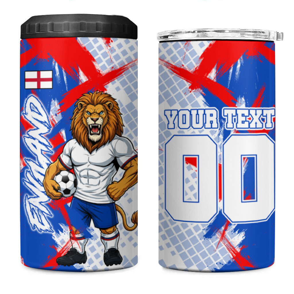 Personalized England Football 4 in 1 Can Cooler Tumbler Fierce Lion Mascot Abstract Brush Stroke