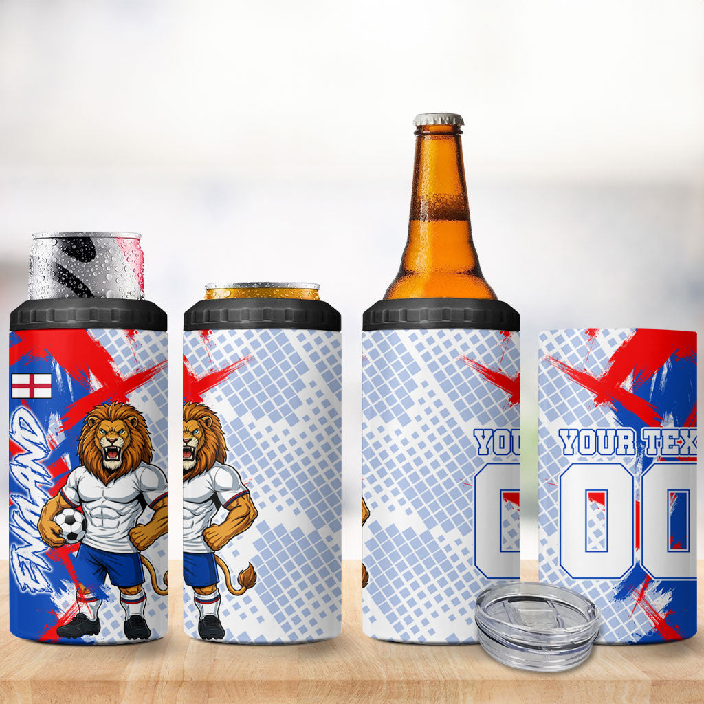 Personalized England Football 4 in 1 Can Cooler Tumbler Fierce Lion Mascot Abstract Brush Stroke