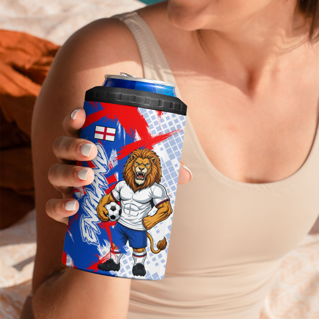 Personalized England Football 4 in 1 Can Cooler Tumbler Fierce Lion Mascot Abstract Brush Stroke