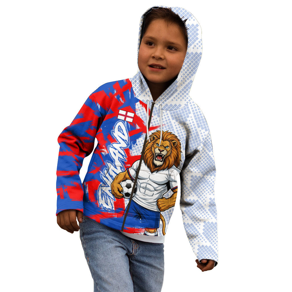 Personalized England Football Kid Hoodie Fierce Lion Mascot Abstract Brush Stroke