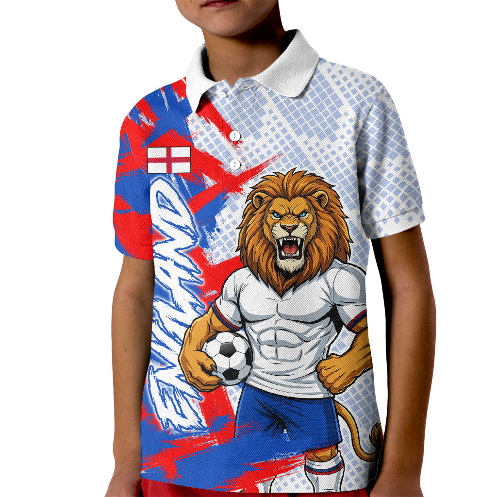 Personalized England Football Kid Polo Shirt Fierce Lion Mascot Abstract Brush Stroke
