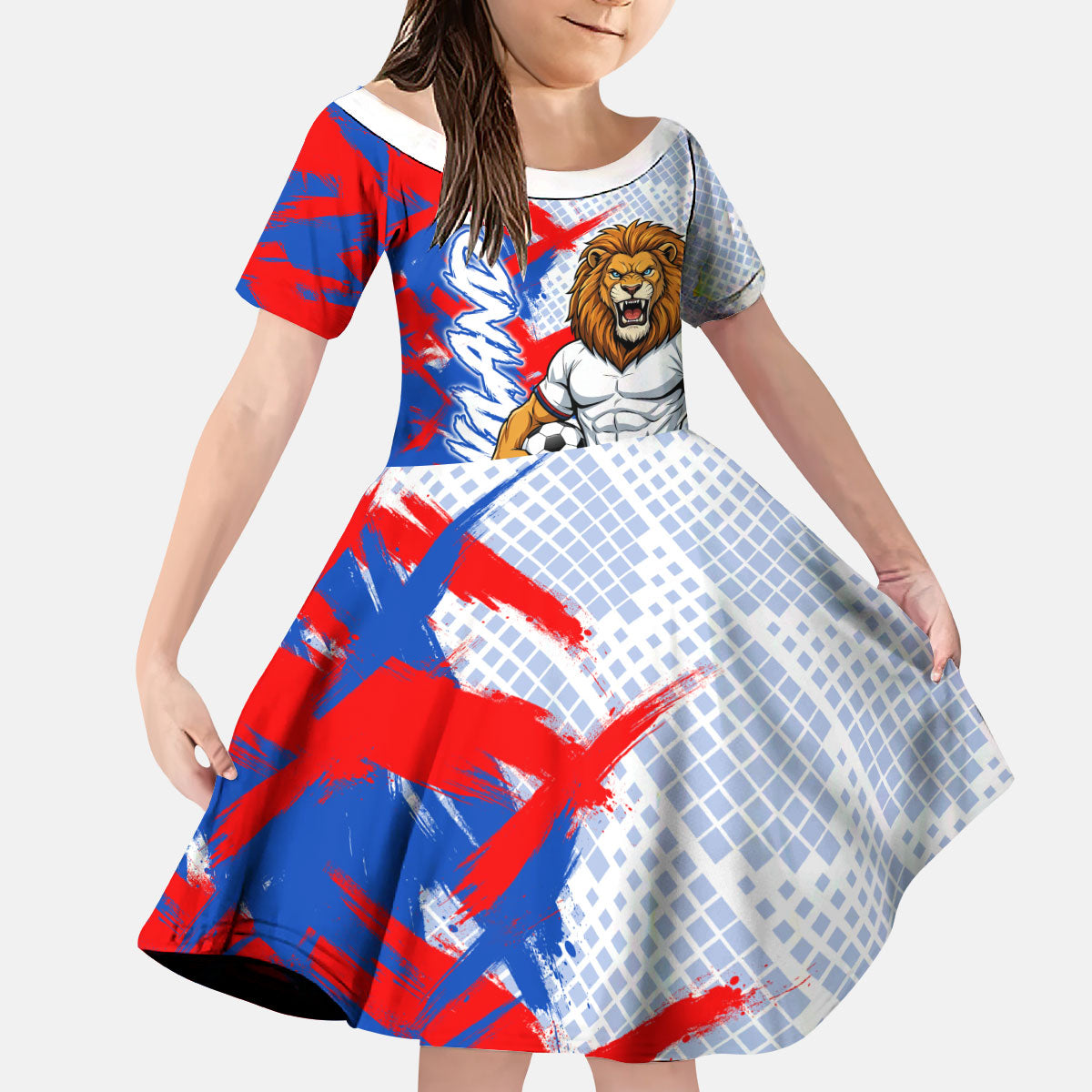Personalized England Football Kid Short Sleeve Dress Fierce Lion Mascot Abstract Brush Stroke