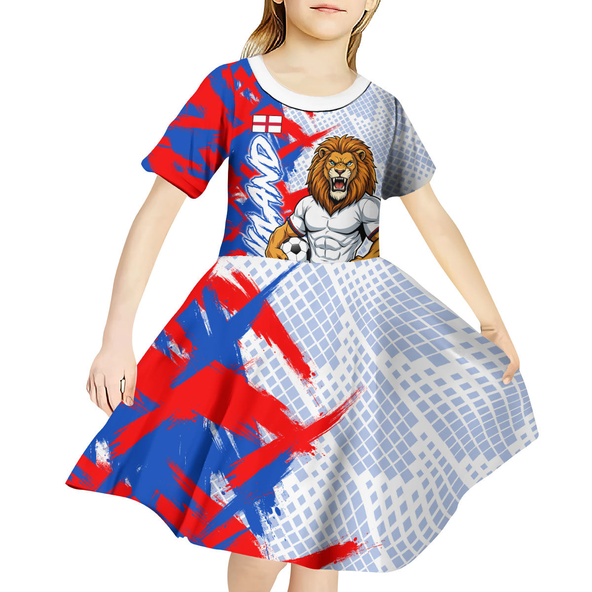 Personalized England Football Kid Short Sleeve Dress Fierce Lion Mascot Abstract Brush Stroke