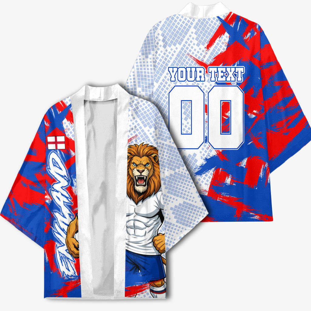 Personalized England Football Kimono Fierce Lion Mascot Abstract Brush Stroke