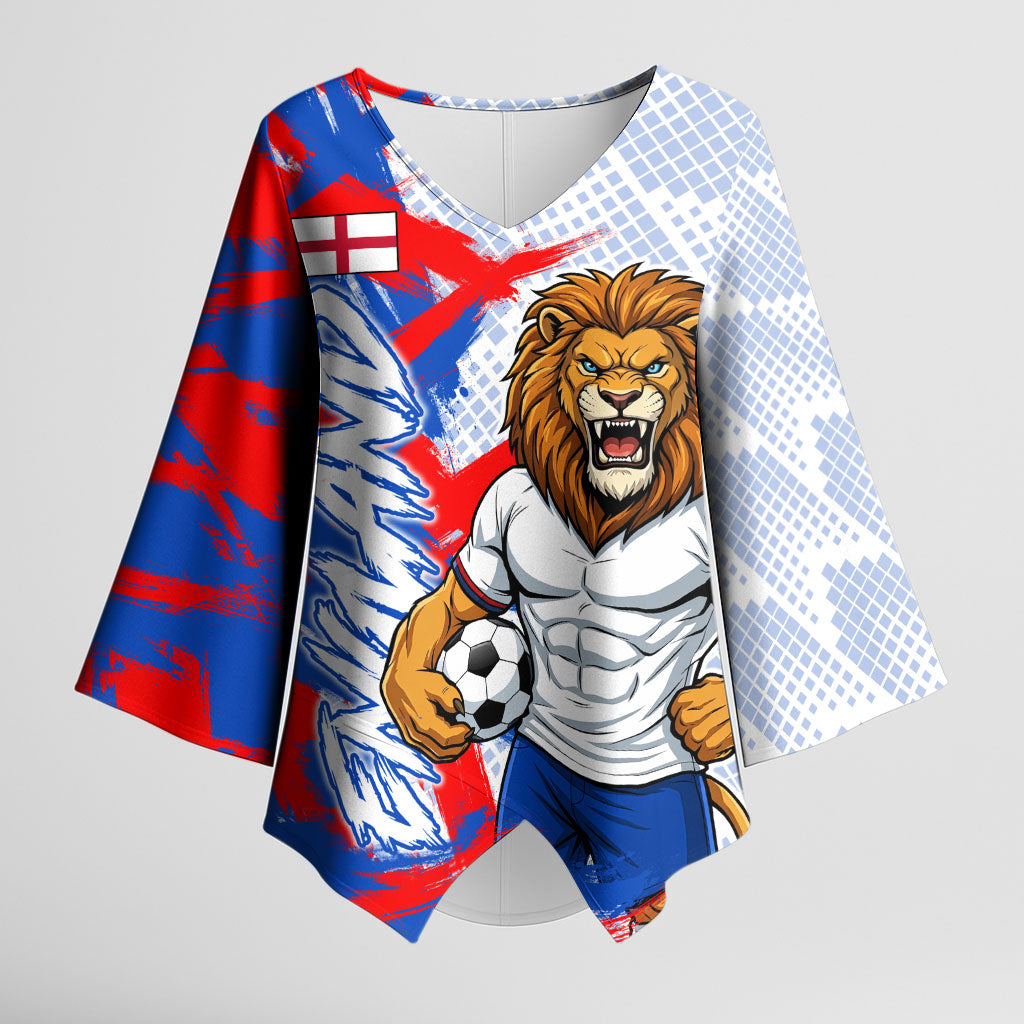 Personalized England Football Kimono Sleeve Blouse Fierce Lion Mascot Abstract Brush Stroke