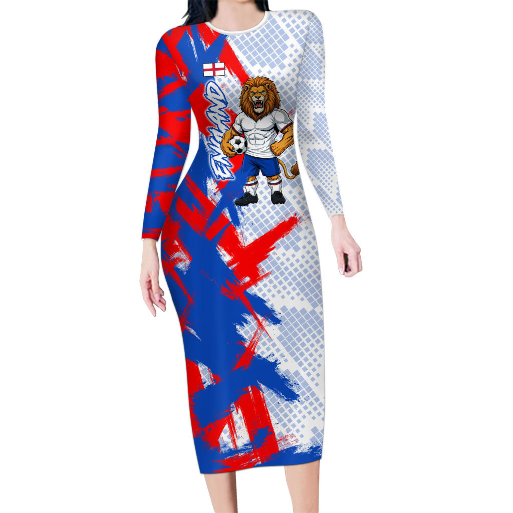 Personalized England Football Long Sleeve Bodycon Dress Fierce Lion Mascot Abstract Brush Stroke