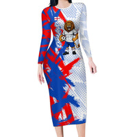 Personalized England Football Long Sleeve Bodycon Dress Fierce Lion Mascot Abstract Brush Stroke