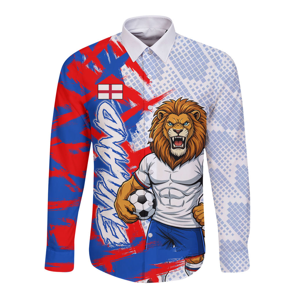 Personalized England Football Long Sleeve Button Shirt Fierce Lion Mascot Abstract Brush Stroke