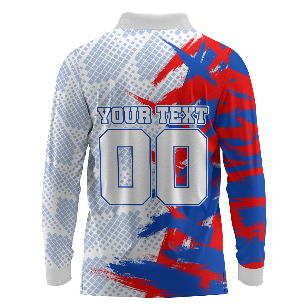 Personalized England Football Long Sleeve Polo Shirt Fierce Lion Mascot Abstract Brush Stroke