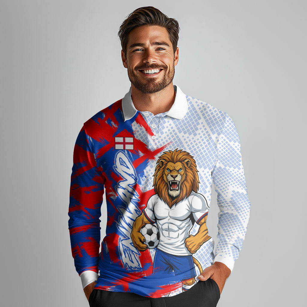 Personalized England Football Long Sleeve Polo Shirt Fierce Lion Mascot Abstract Brush Stroke