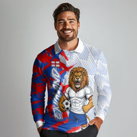 Personalized England Football Long Sleeve Polo Shirt Fierce Lion Mascot Abstract Brush Stroke