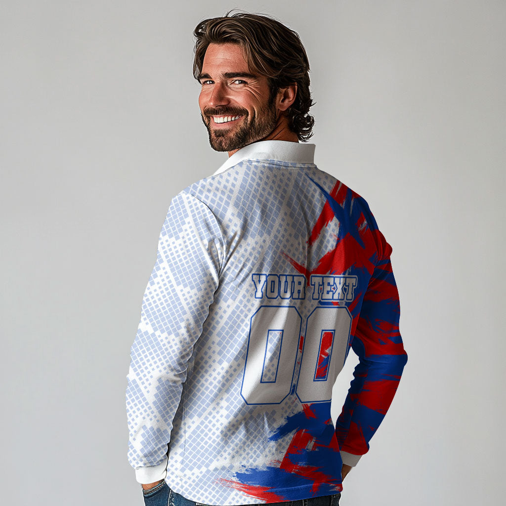Personalized England Football Long Sleeve Polo Shirt Fierce Lion Mascot Abstract Brush Stroke