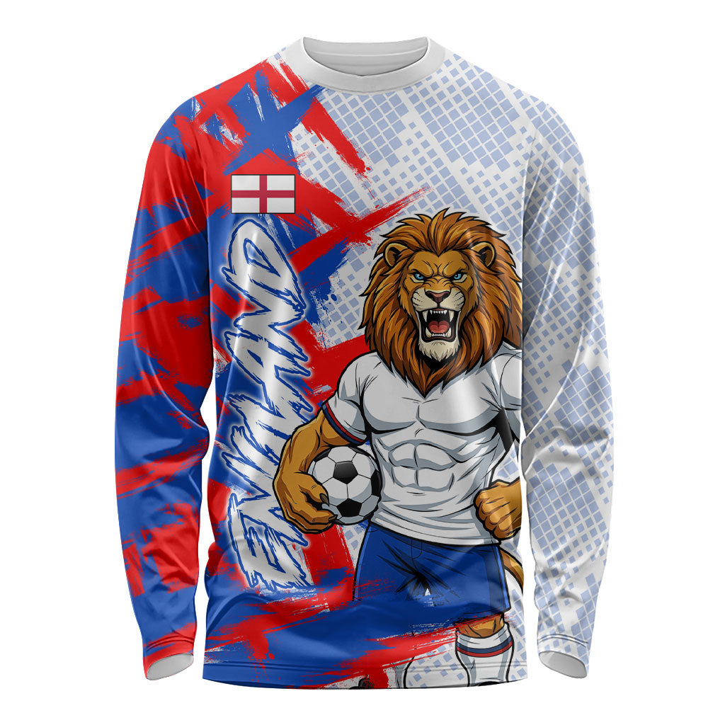 Personalized England Football Long Sleeve Shirt Fierce Lion Mascot Abstract Brush Stroke