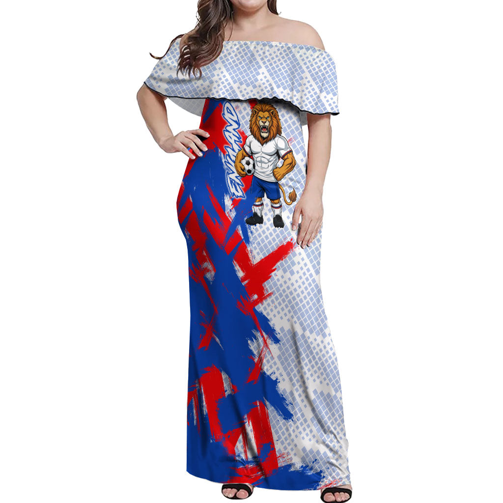 Personalized England Football Off Shoulder Maxi Dress Fierce Lion Mascot Abstract Brush Stroke