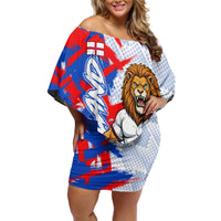 Personalized England Football Off Shoulder Short Dress Fierce Lion Mascot Abstract Brush Stroke