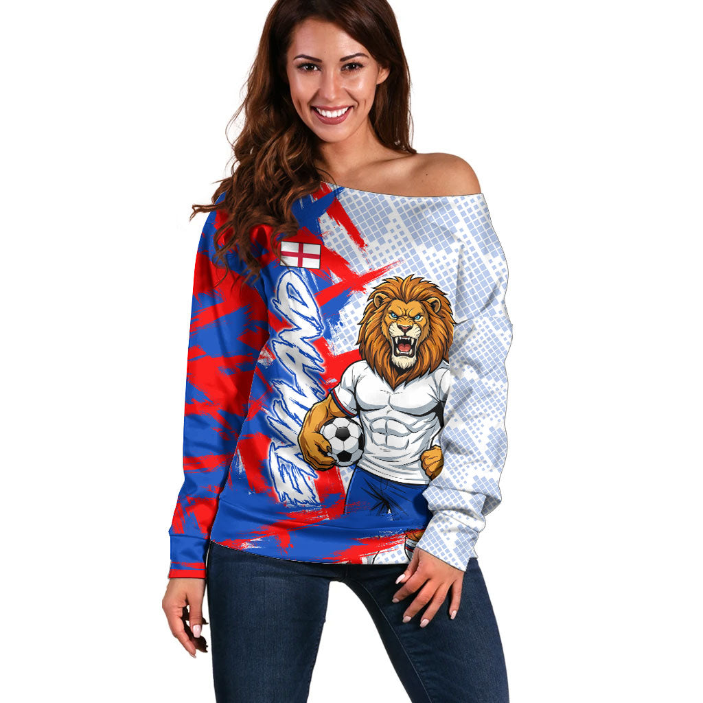 Personalized England Football Off Shoulder Sweater Fierce Lion Mascot Abstract Brush Stroke