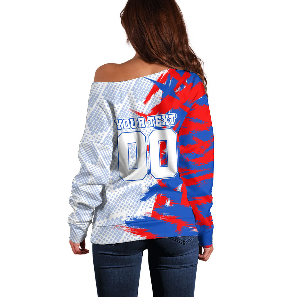 Personalized England Football Off Shoulder Sweater Fierce Lion Mascot Abstract Brush Stroke