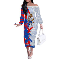 Personalized England Football Off The Shoulder Long Sleeve Dress Fierce Lion Mascot Abstract Brush Stroke