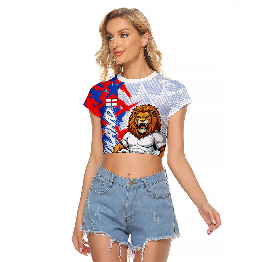 Personalized England Football Raglan Cropped T Shirt Fierce Lion Mascot Abstract Brush Stroke