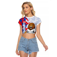 Personalized England Football Raglan Cropped T Shirt Fierce Lion Mascot Abstract Brush Stroke