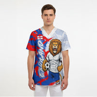 Personalized England Football Scrub Top Fierce Lion Mascot Abstract Brush Stroke