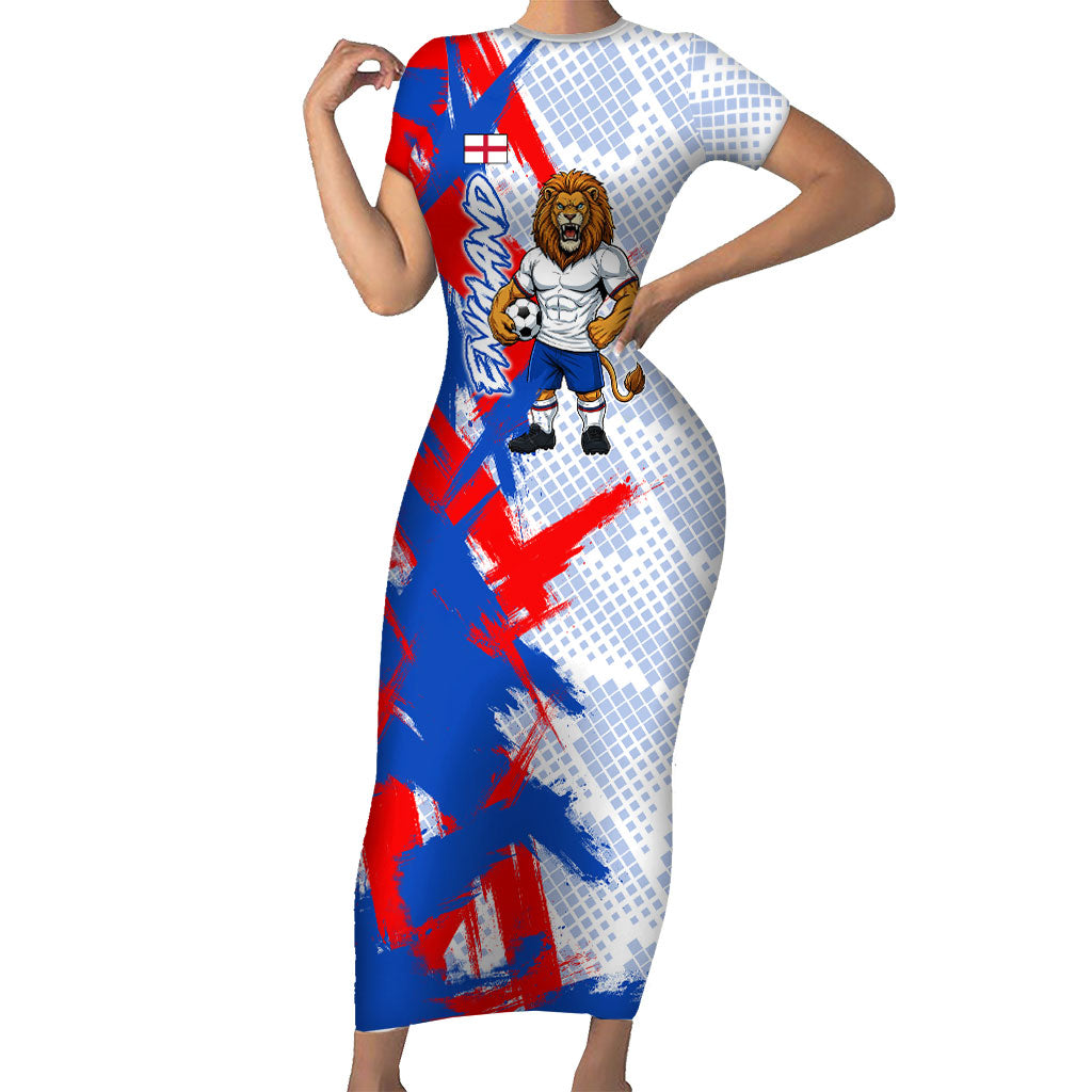 Personalized England Football Short Sleeve Bodycon Dress Fierce Lion Mascot Abstract Brush Stroke