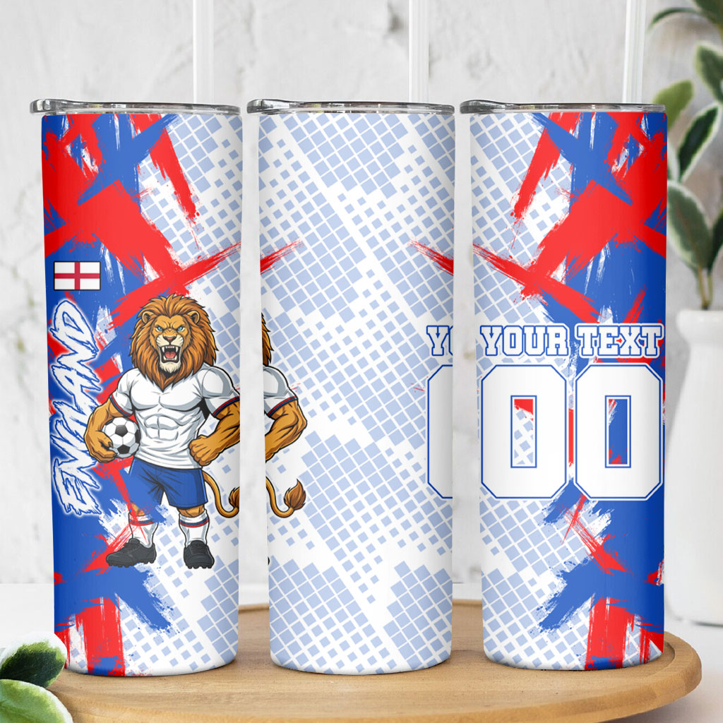 Personalized England Football Skinny Tumbler Fierce Lion Mascot Abstract Brush Stroke
