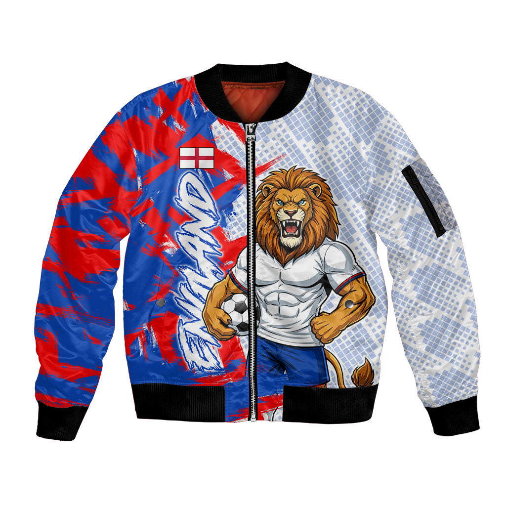 Personalized England Football Sleeve Zip Bomber Jacket Fierce Lion Mascot Abstract Brush Stroke