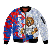 Personalized England Football Sleeve Zip Bomber Jacket Fierce Lion Mascot Abstract Brush Stroke