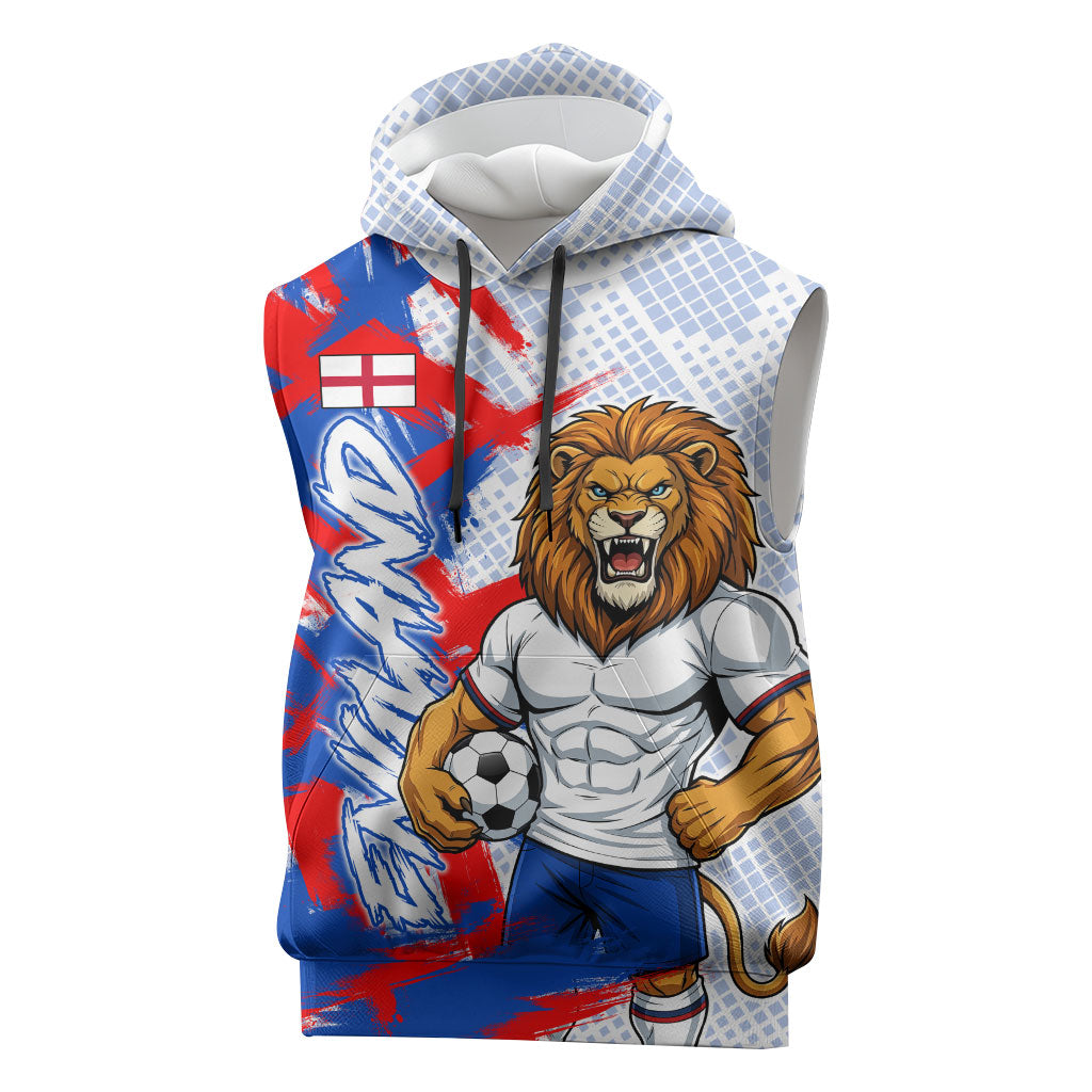 Personalized England Football Sleeveless Hoodie Fierce Lion Mascot Abstract Brush Stroke