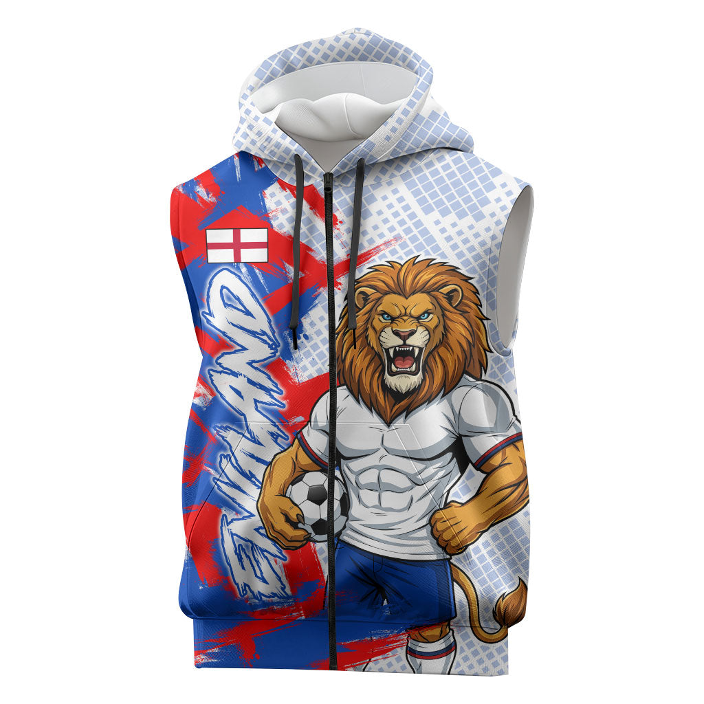 Personalized England Football Sleeveless Zip Hoodie Fierce Lion Mascot Abstract Brush Stroke
