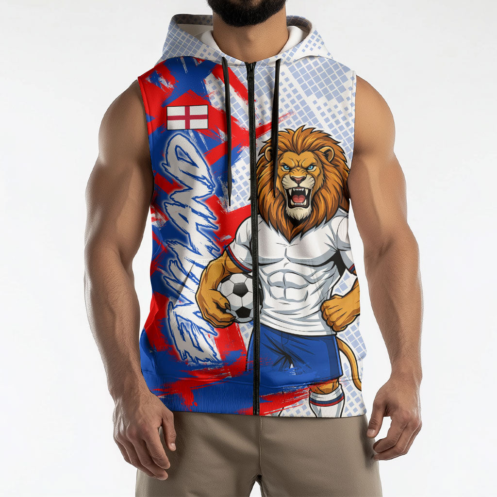 Personalized England Football Sleeveless Zip Hoodie Fierce Lion Mascot Abstract Brush Stroke