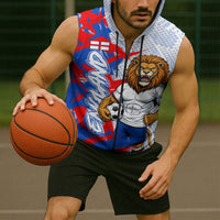 Personalized England Football Sleeveless Zip Hoodie Fierce Lion Mascot Abstract Brush Stroke