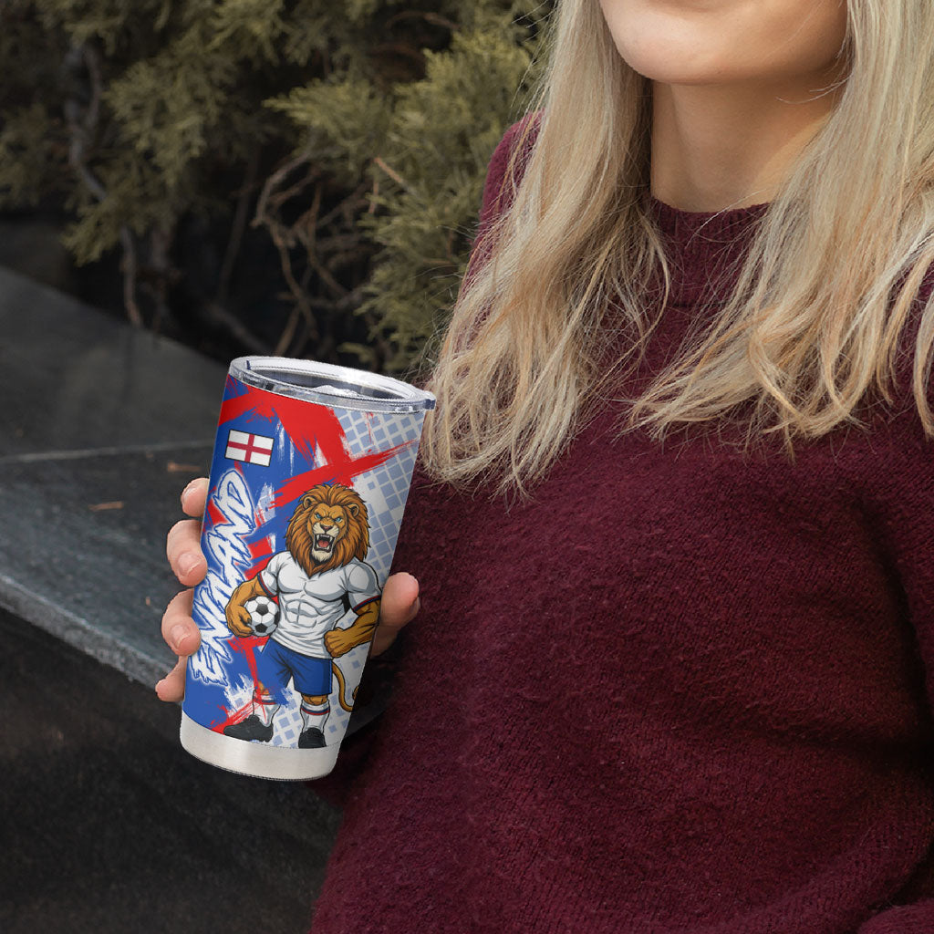 Personalized England Football Tumbler Cup Fierce Lion Mascot Abstract Brush Stroke