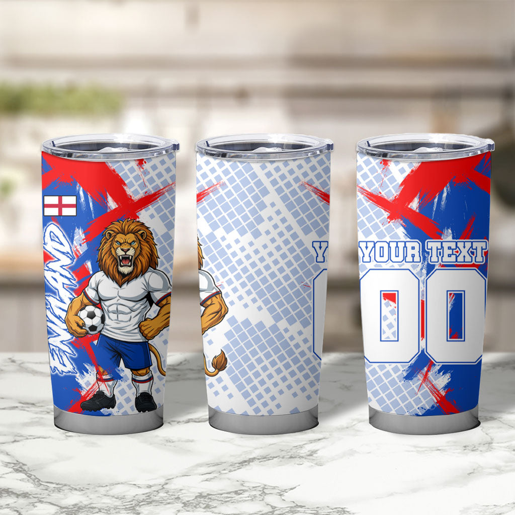 Personalized England Football Tumbler Cup Fierce Lion Mascot Abstract Brush Stroke