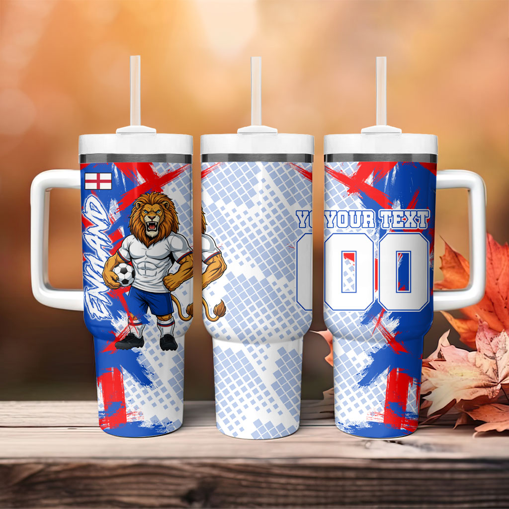 Personalized England Football Tumbler With Handle Fierce Lion Mascot Abstract Brush Stroke