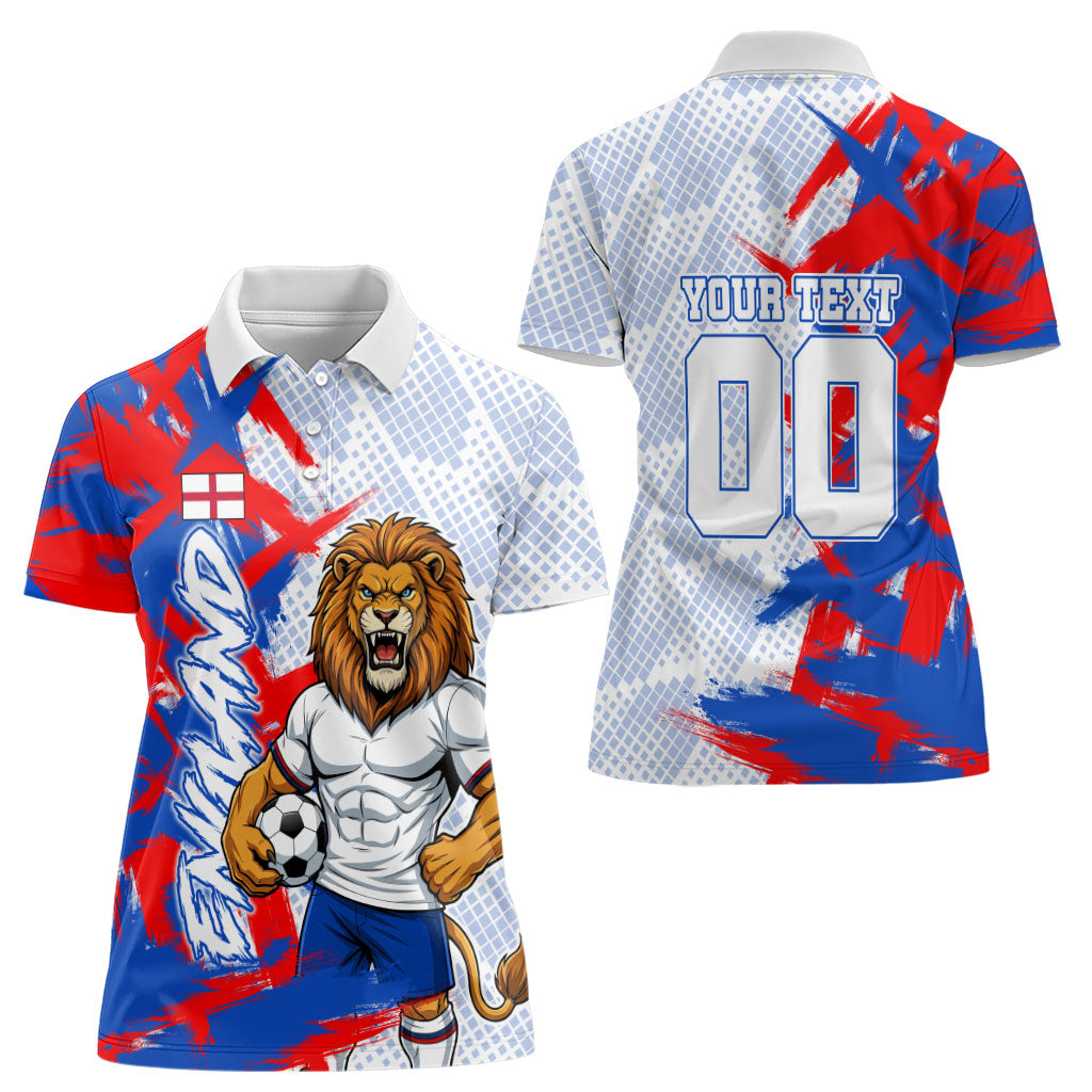 Personalized England Football Women Polo Shirt Fierce Lion Mascot Abstract Brush Stroke