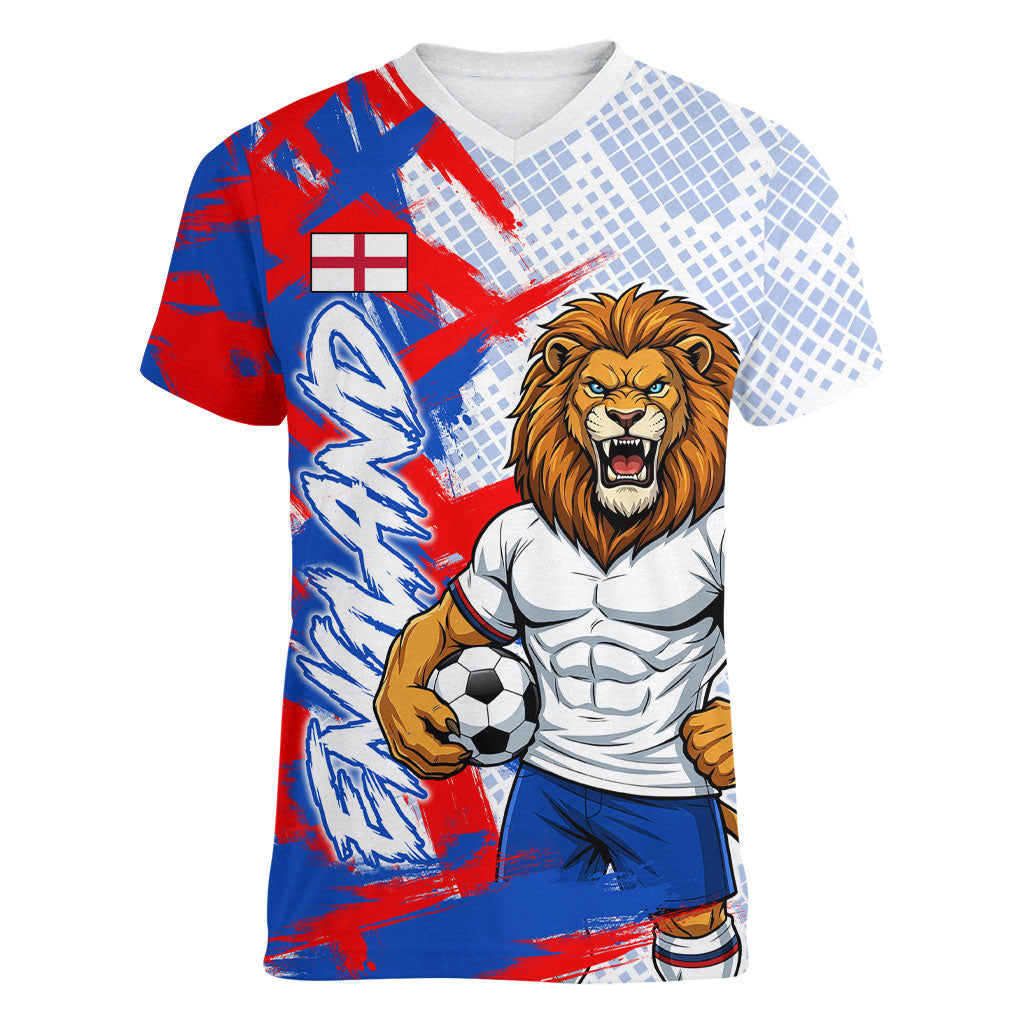 Personalized England Football Women V-Neck T-Shirt Fierce Lion Mascot Abstract Brush Stroke
