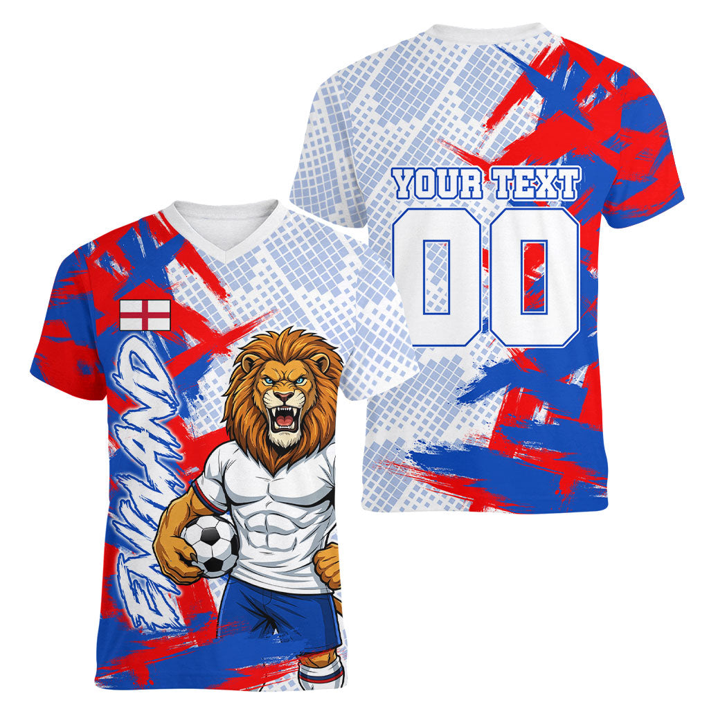 Personalized England Football Women V-Neck T-Shirt Fierce Lion Mascot Abstract Brush Stroke