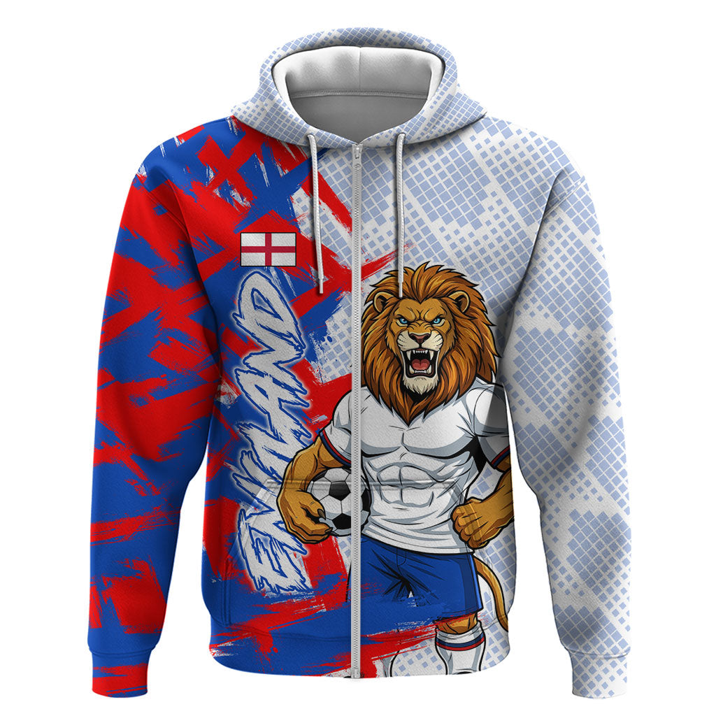 Personalized England Football Zip Hoodie Fierce Lion Mascot Abstract Brush Stroke