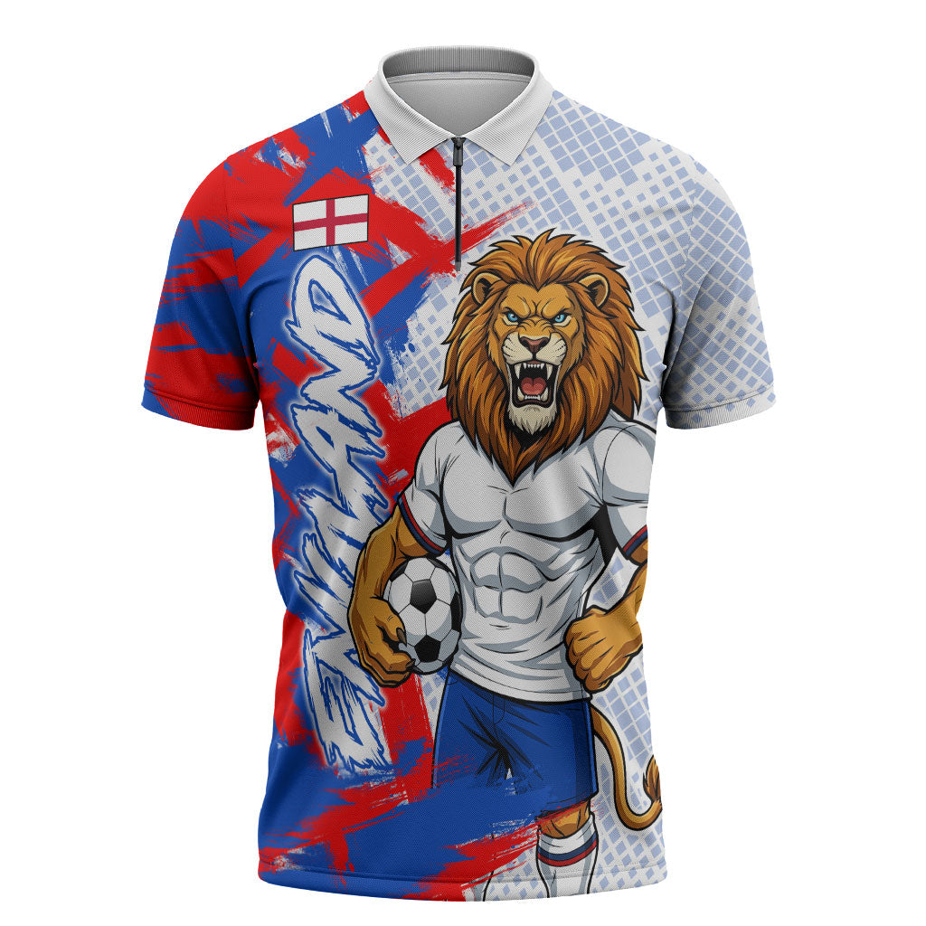 Personalized England Football Zipper Polo Shirt Fierce Lion Mascot Abstract Brush Stroke