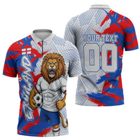 Personalized England Football Zipper Polo Shirt Fierce Lion Mascot Abstract Brush Stroke