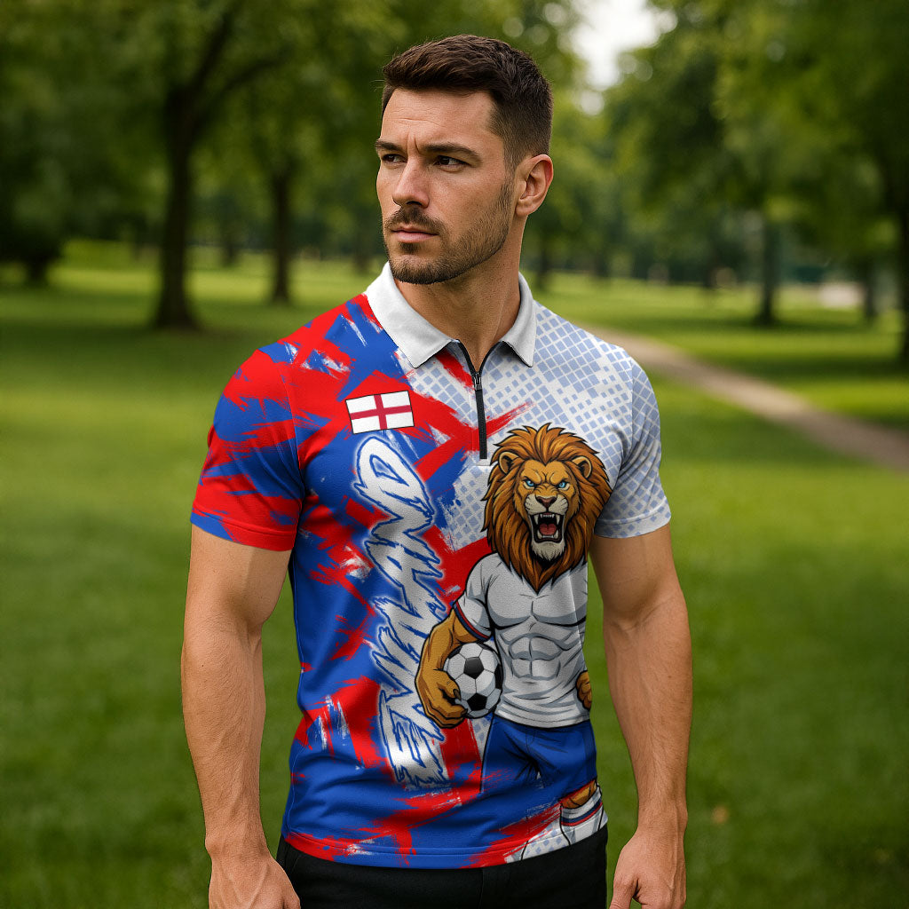 Personalized England Football Zipper Polo Shirt Fierce Lion Mascot Abstract Brush Stroke